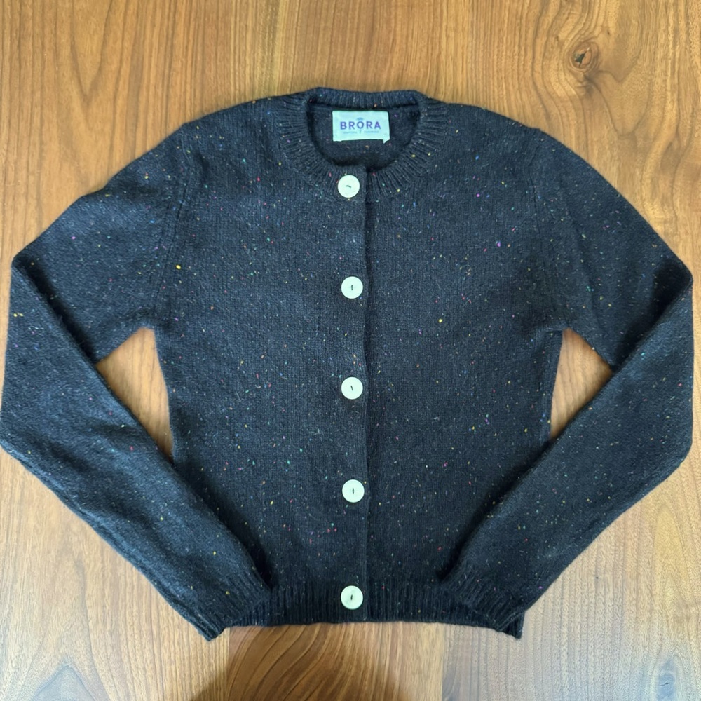 BRORA 100% Scottish Donegal Cashmere Cardigan Black Multicolor US 2/4